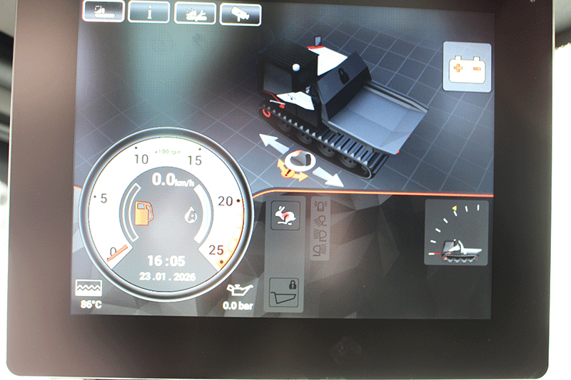 Bildschirmsteuerung des PowerBully 12 D Kettendumpers – digitales Display zur Überwachung und Steuerung der Maschinenfunktionen im Baustelleneinsatz