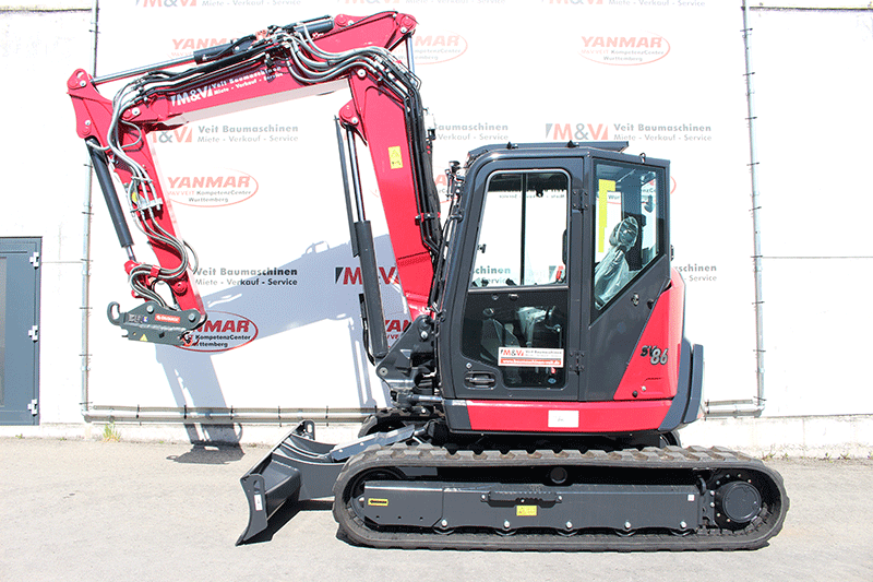 Seitenansicht des Yanmar SV 86-7 OQ 45 Midibaggers – kompakte Bauweise, ausgewogene Proportionen und optimale Übersicht auf Ausleger und Anbaugerät