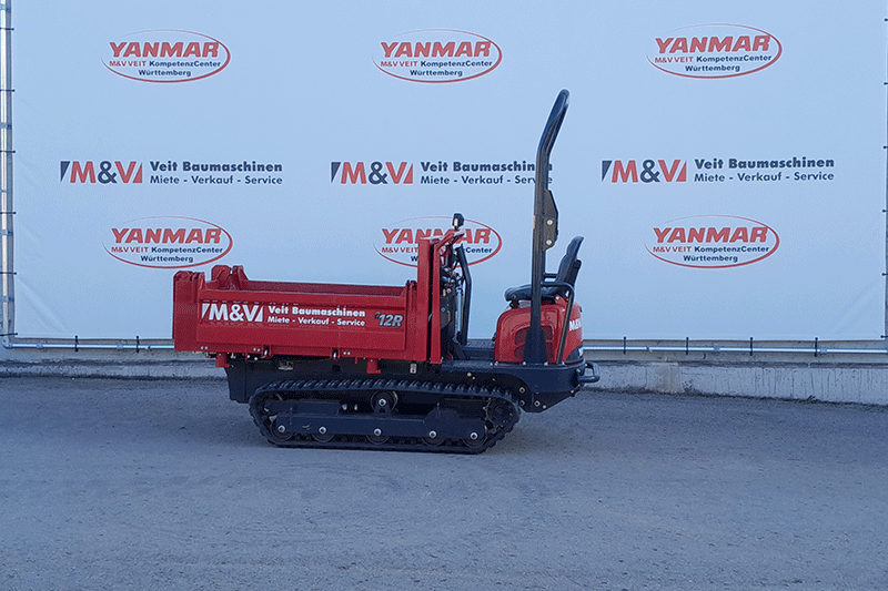 Seitenansicht des Yanmar C 12 Dumper mit Kettenfahrwerk und Dreiseitenkipper für flexiblen Materialtransport auf der Baustelle
