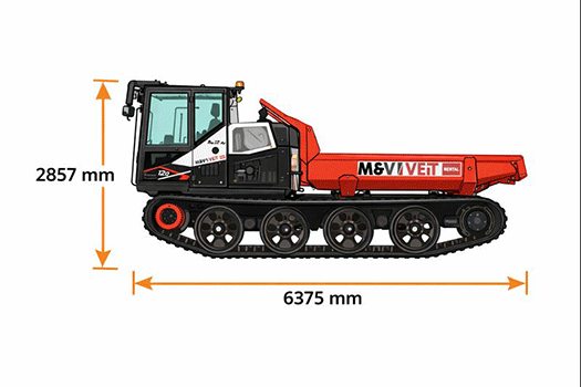 PowerBully 12D Kettendumper Abmessungen – Übersicht von Fahrzeuglänge, Breite und Höhe für optimale Planung und Einsatz auf Baustellen und im Gelände