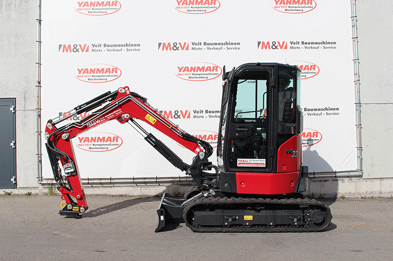 Seitenansicht des Yanmar Vio 33-7 Minibaggers 3,3 t – kompakte Bauweise, stabile Konstruktion und optimale Übersicht auf der Baustelle
