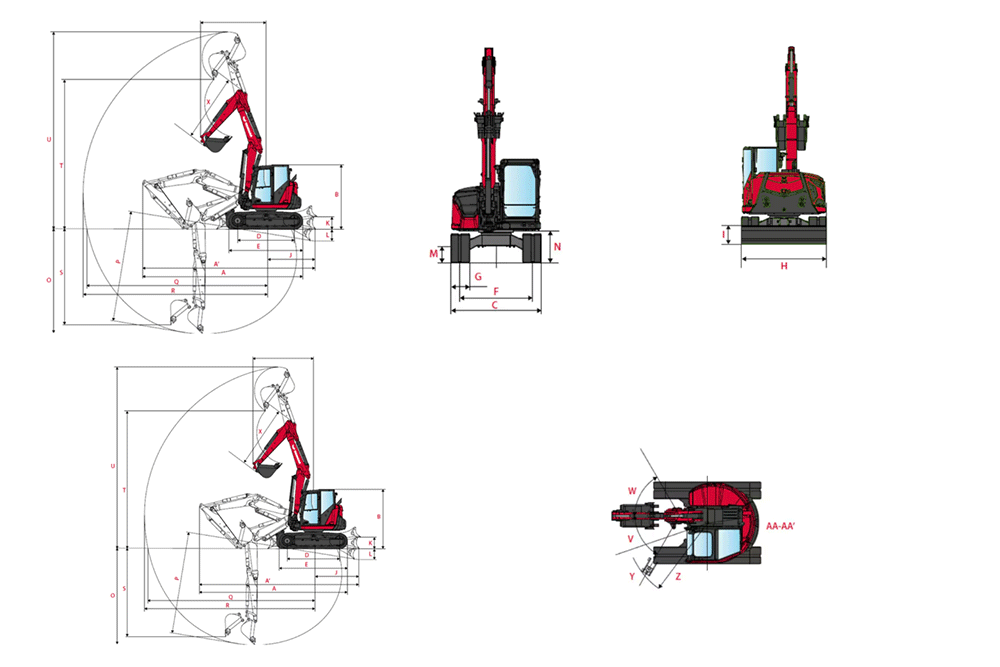 Abmessungen Yanmar SV 100-7 2PB mit OQ 45