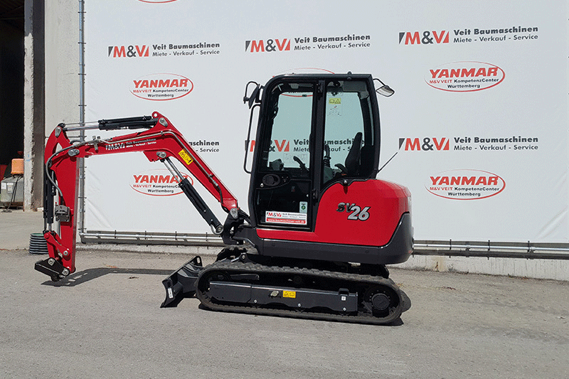 Seitenansicht des Yanmar SV26 Minibaggers – kompakte Bauweise für präzises Arbeiten auf engen Baustellen