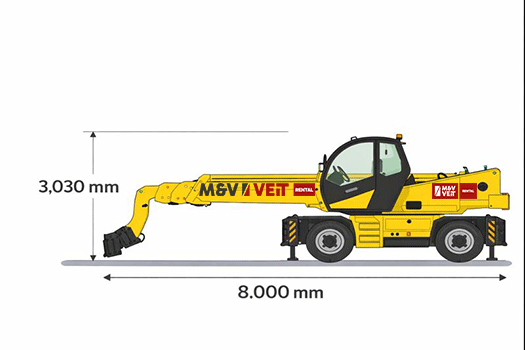 Abmessungen des Dieci Pegasus 50.25 Rotations-Teleskopladers mit 8.000 mm Maschinenlänge und 3.030 mm Höhe