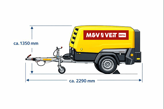 Abmessungen des Atlas Copco XAX 68 Kompressors – kompakter Diesel-Baukompressor mit platzsparender Bauweise für Baustelle und Vermietung