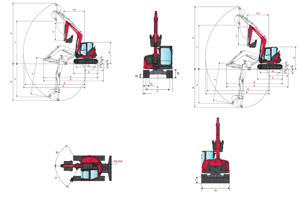 Abmessungen des Yanmar SV 86-7 OQ 45 Midibagger