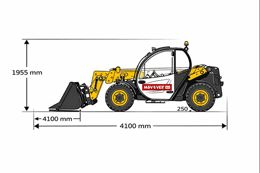 Maßzeichnung des Dieci Apollo 26.6 Teleskopladers mit Längen-, Höhen- und Bodenfreiheitsangaben