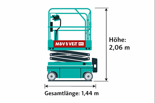 Abmessungen der Sunward SWSL0607DC Elektrobühne – kompakte elektrische Scherenarbeitsbühne mit platzsparender Bauweise für Innenbereich und Baustelle