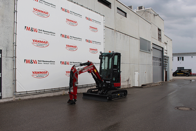 Yanmar VIO 26-6 Nullheck-Minibagger zur Miete – kompakte Bauweise, hohe Wendigkeit und ideal für präzise Erdarbeiten auf kleinen und mittleren Baustellen