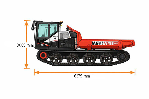 Abmessungen des PowerBully 12 D Kettendumpers – technische Maßangaben zu Länge 6375 mm und Höhe 3005 mm für den Baustelleneinsatz