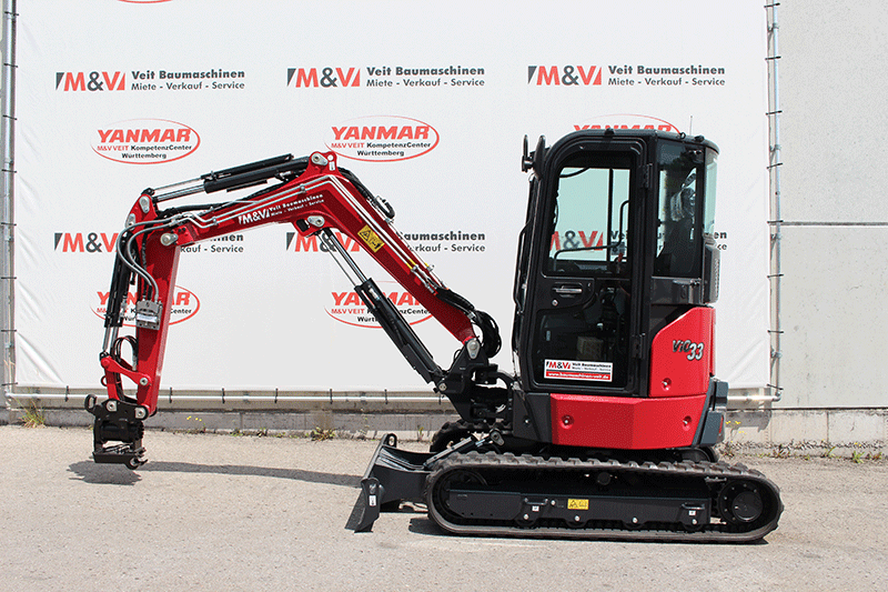 Seitenansicht des Yanmar Vio 33-7 Minibaggers mit Powertilt – kompakte Bauweise, ausgewogene Proportionen und optimale Sicht auf Ausleger und Anbaugerät