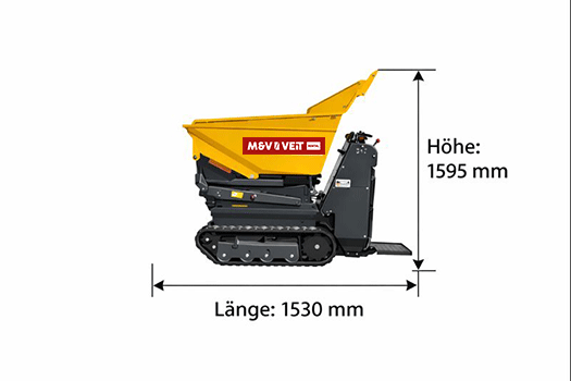 Seitenansicht des Bergmann C 901 Hochkipper Elektrodumpers mit Darstellung der Abmessungen: Länge 1.530 mm und Höhe 1.595 mm.