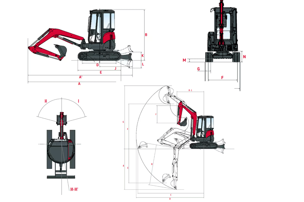 Abmessungen des Yanmar VIO 23-6 Nullheckbaggers mit kompakter Bauweise – ideal für Arbeiten auf engen Baustellen, im Garten- und Landschaftsbau sowie im innerstädtischen Bereich
