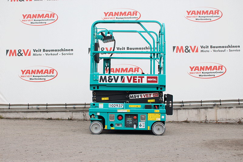 Seitenansicht der Sunward SWSL0607DC Elektrobühne zur Miete – kompakte elektrische Scherenarbeitsbühne für sichere Höhenarbeiten im Innenbereich und auf Baustellen