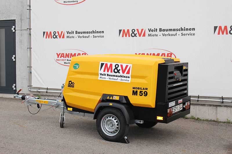 Kaeser Mobilair M59 PE mobiler Baukompressor zur Miete bei M&V Veit – zuverlässige Druckluftversorgung für Baustellen und Handwerk